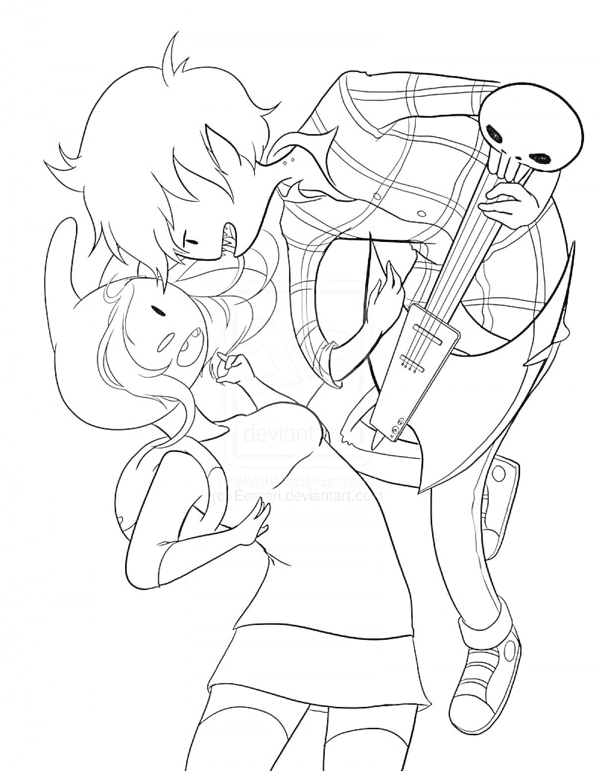 Раскраска Игрок с гитарой в клетчатой рубашке и женщиной с кроличьими ушами