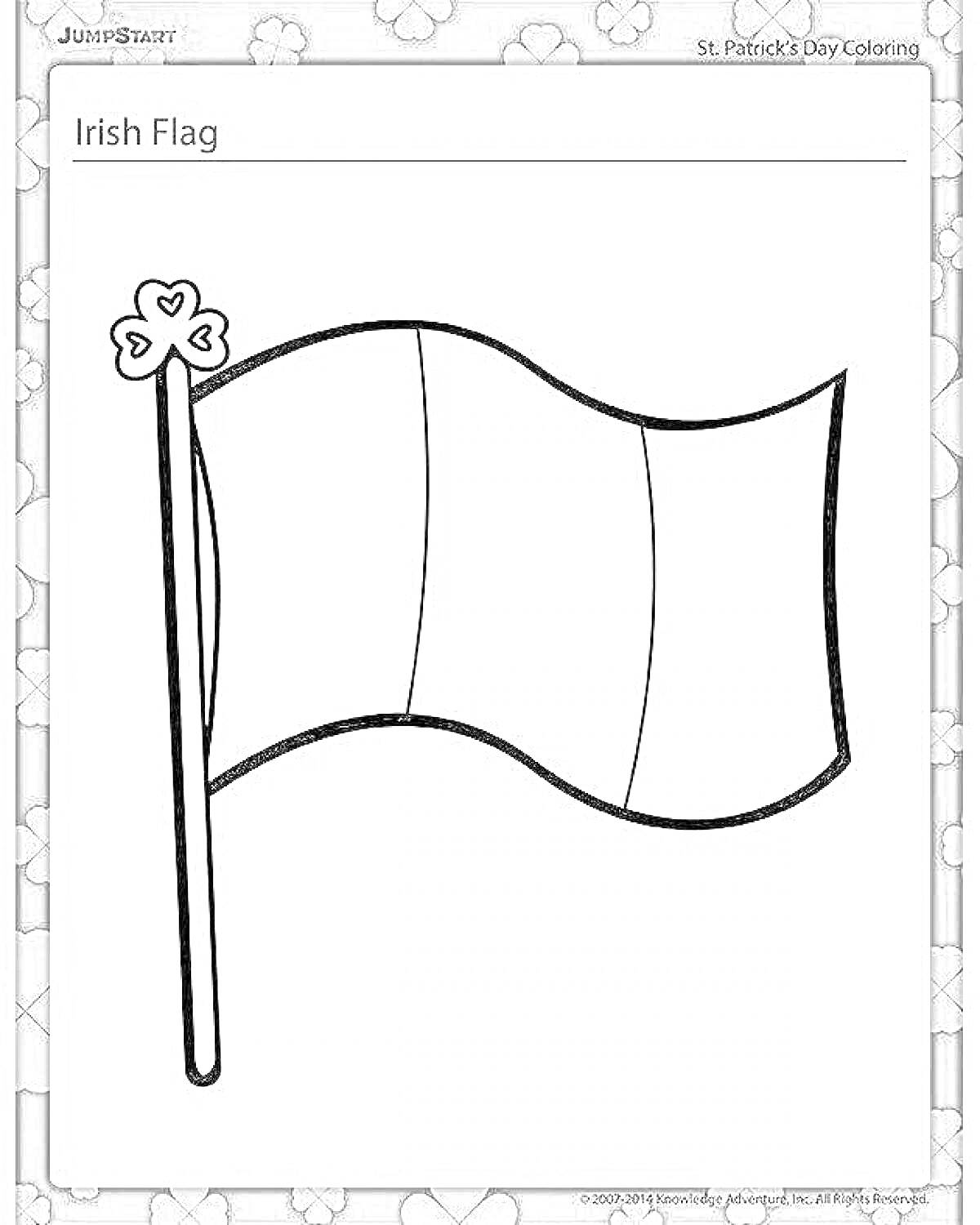 Раскраска Черно-белое изображение флага с вертикальными полосами и трилистником на флагштоке