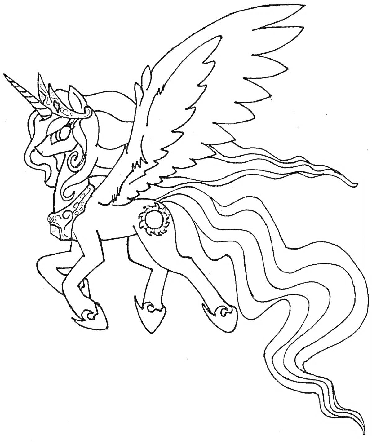 На раскраске изображено: Май литл пони, Селестия, Крылья, Ожерелье, Грива, Пони