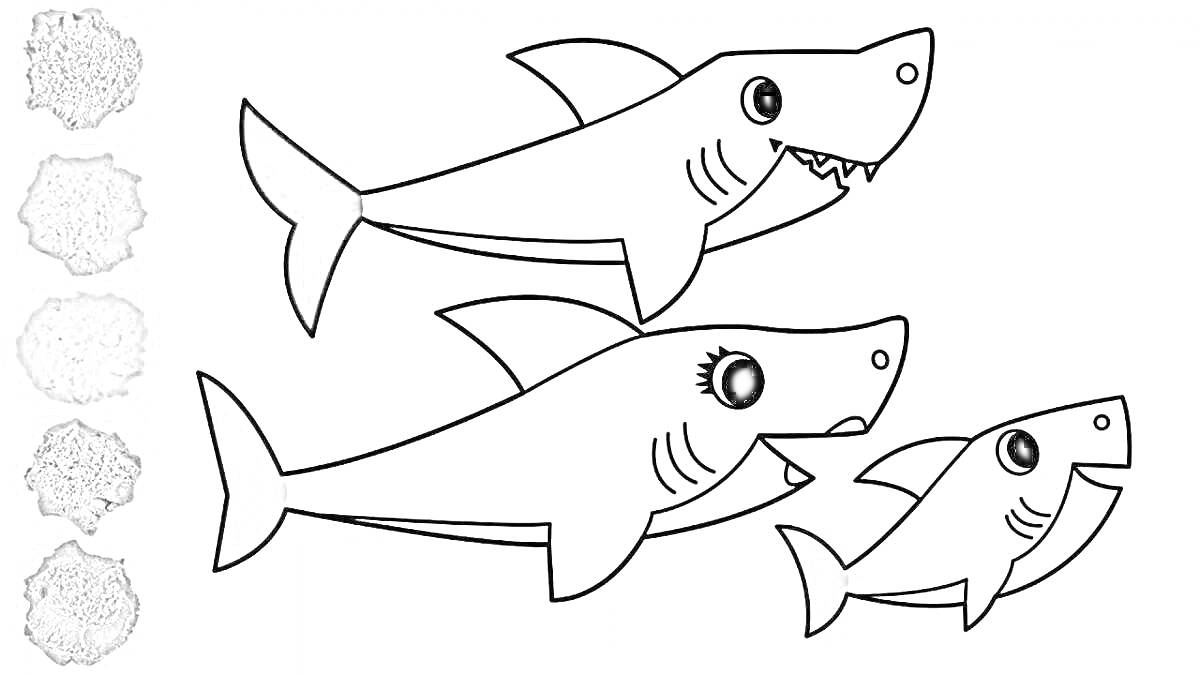 раскраска с тремя акулами, палитра с пятью оттенками серого