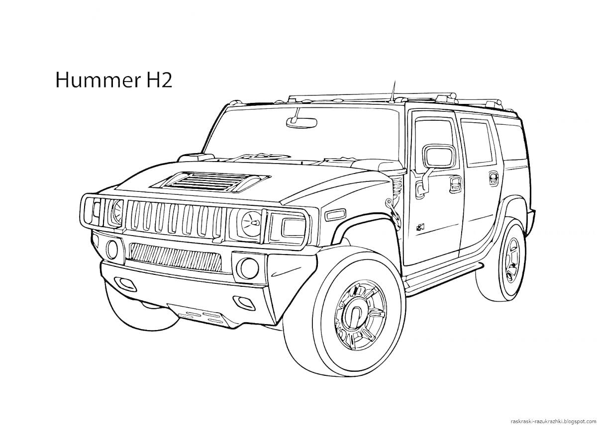 Раскраска Внедорожник Hummer H2 с деталями кузова, колесами и фарами