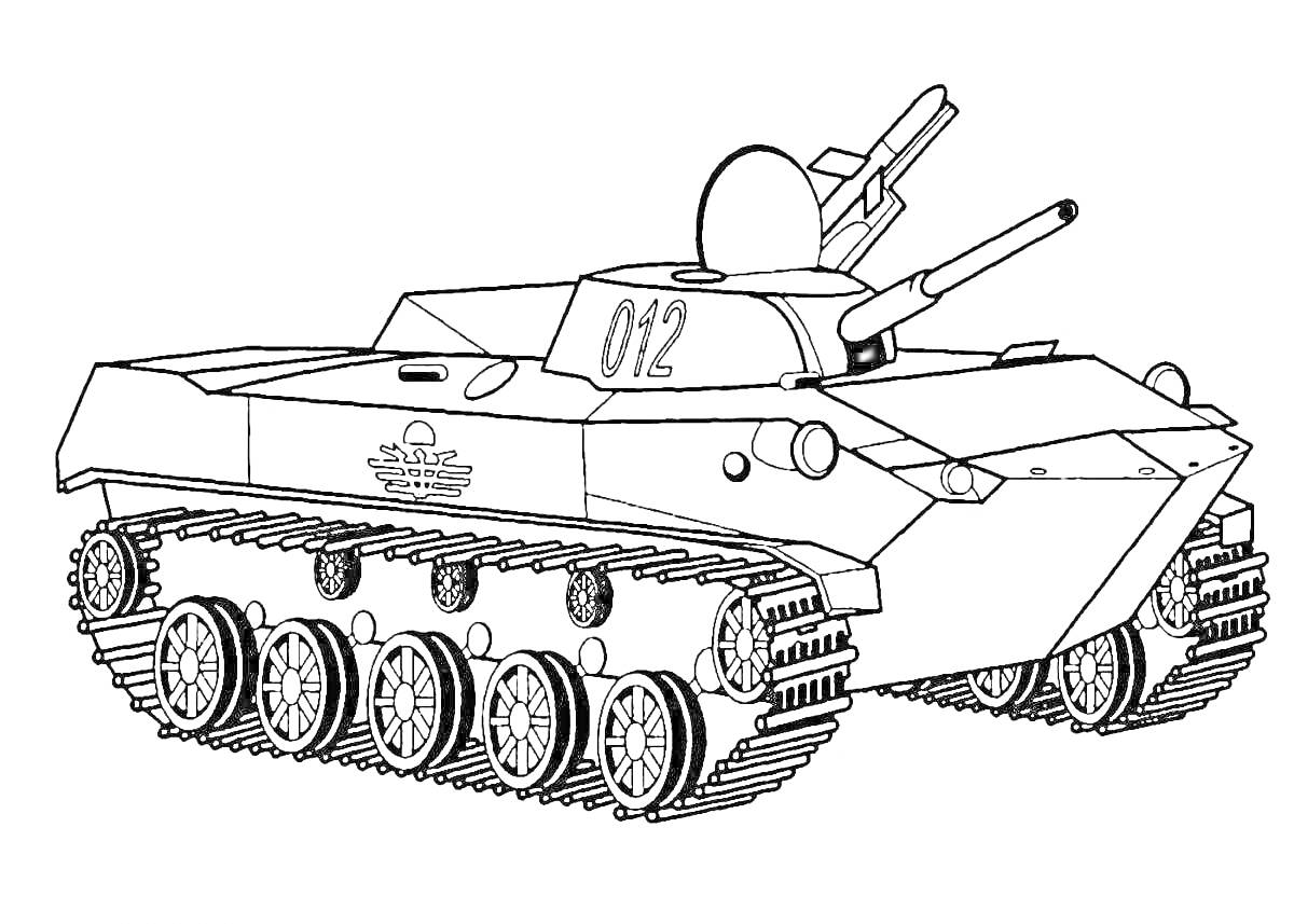 Раскраска Военный танк с пушкой, гусеницами и номером 012