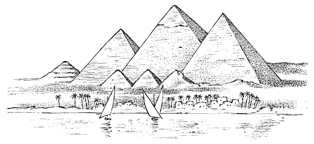Раскраска Египетские пирамиды с парусниками на реке, пальмами и деревнями на заднем плане