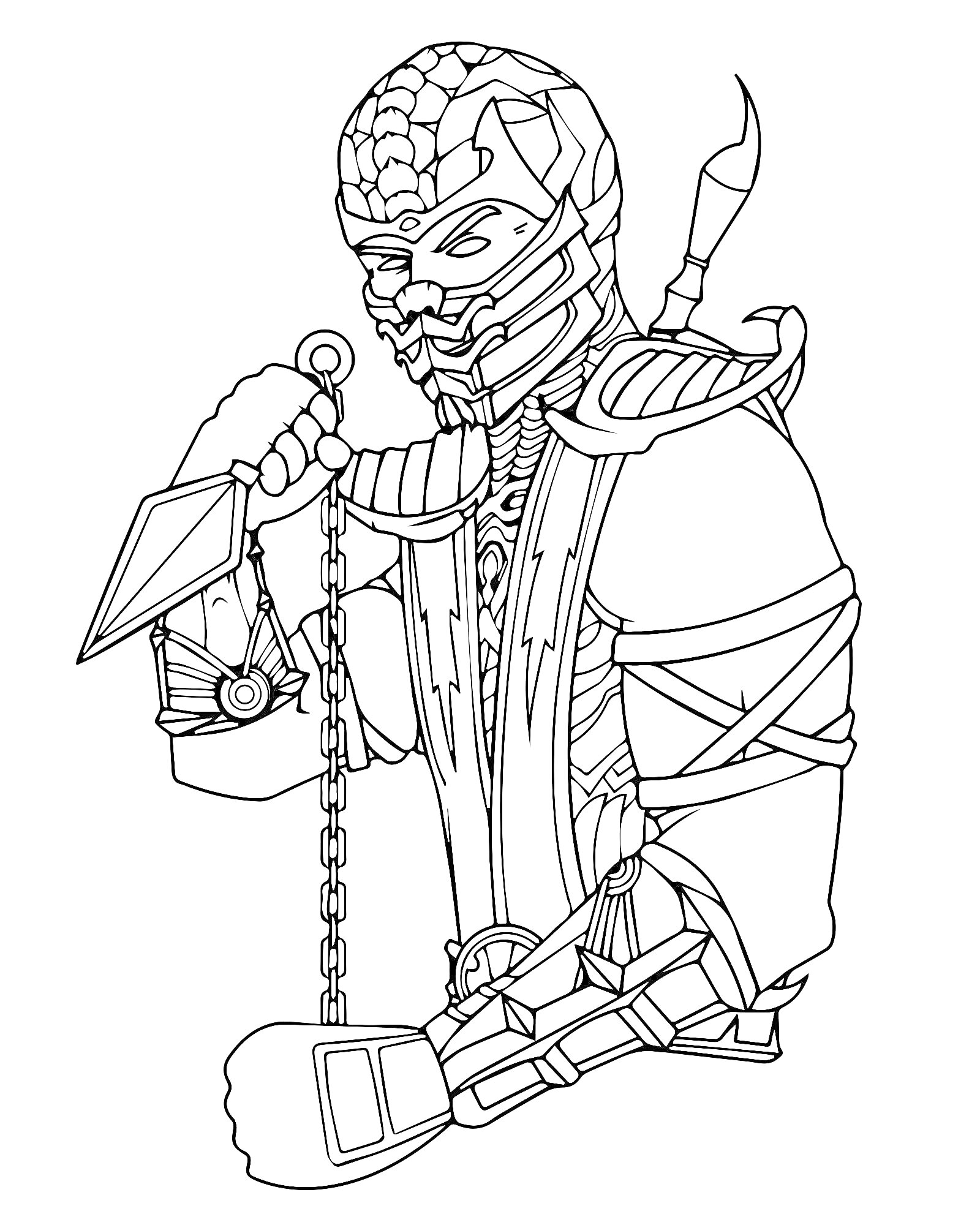 Раскраска Воин в защитной маске с цепью и клинком из Mortal Kombat 11
