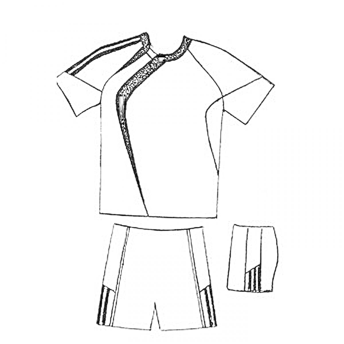 На раскраске изображено: Футбольная форма, Шорты, Спортивная одежда, Диагональные полосы, Вертикальные полосы, Экипировка