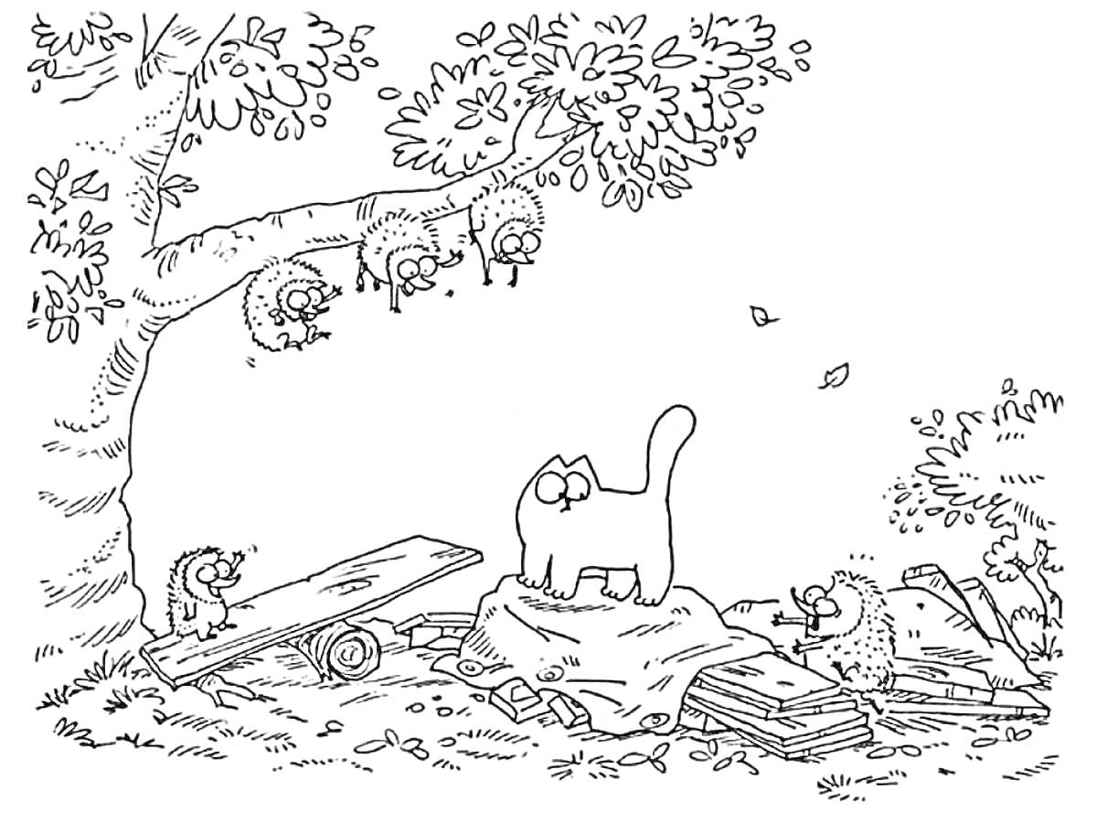 На раскраске изображено: Кот, Пчёлы, Тараканы, Природа, Деревья, Насекомое, Из мультфильмов