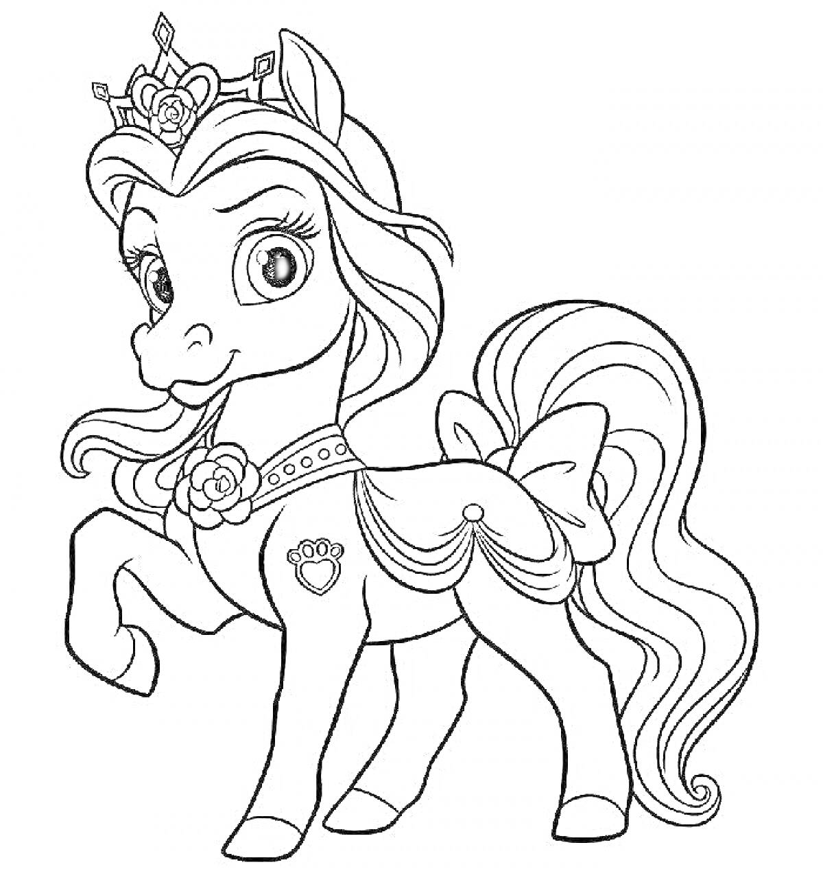 На раскраске изображено: Пони, Корона, Бант, Узоры