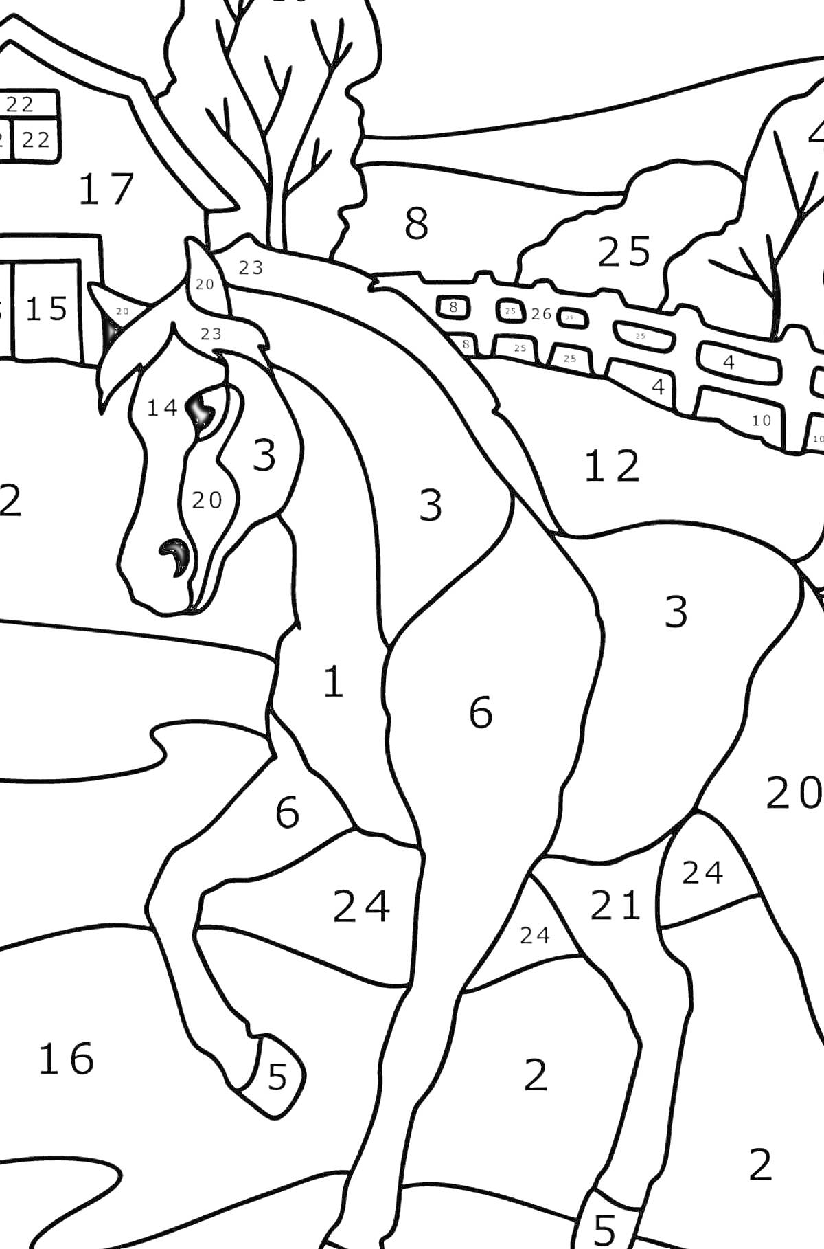 На раскраске изображено: Лошадь, По номерам, Ферма, Деревья, Забор, Дом, Природа, Холмы