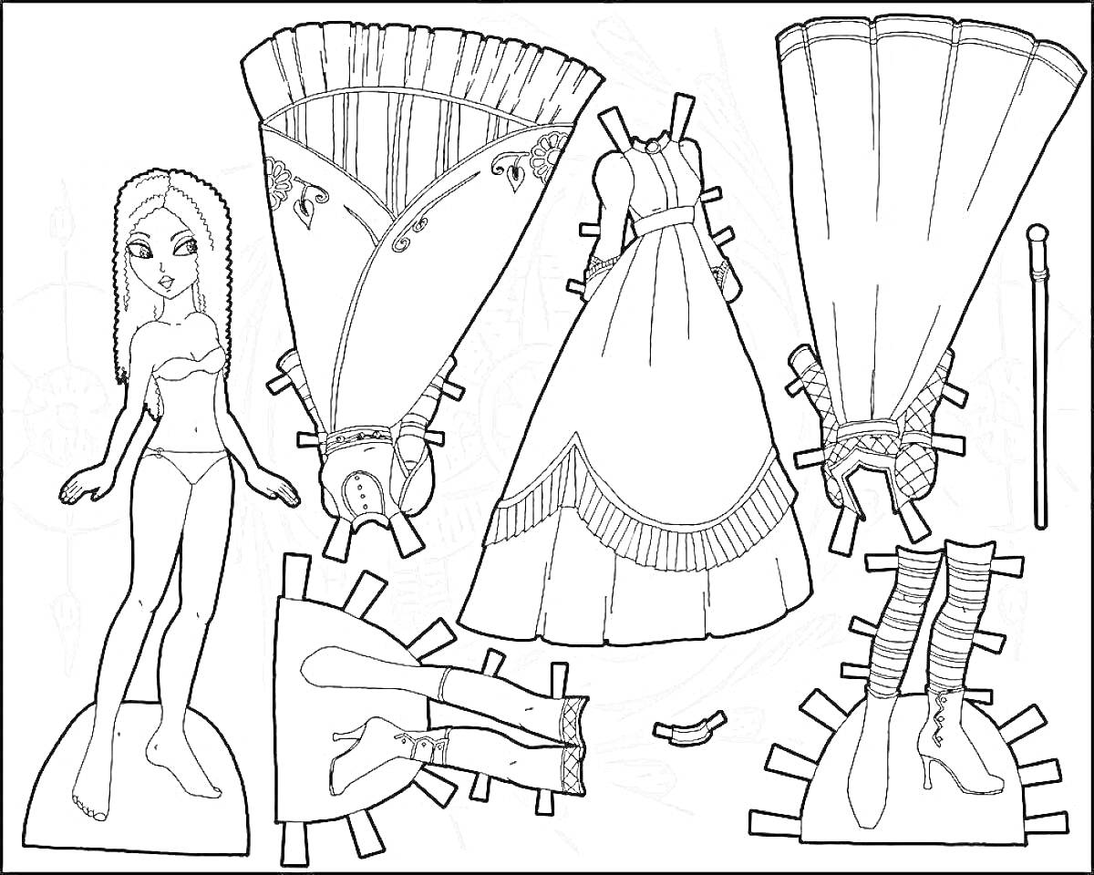 На раскраске изображено: Кукла, Одежда, Платье, Обувь, Зонт, Бумажная кукла