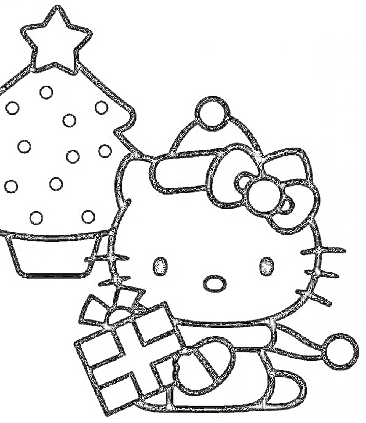 На раскраске изображено: Hello Kitty, Новогодняя ёлка, Новогодняя шапка, Шарф, Новый год, Подарки, Праздники, Санта Клаус