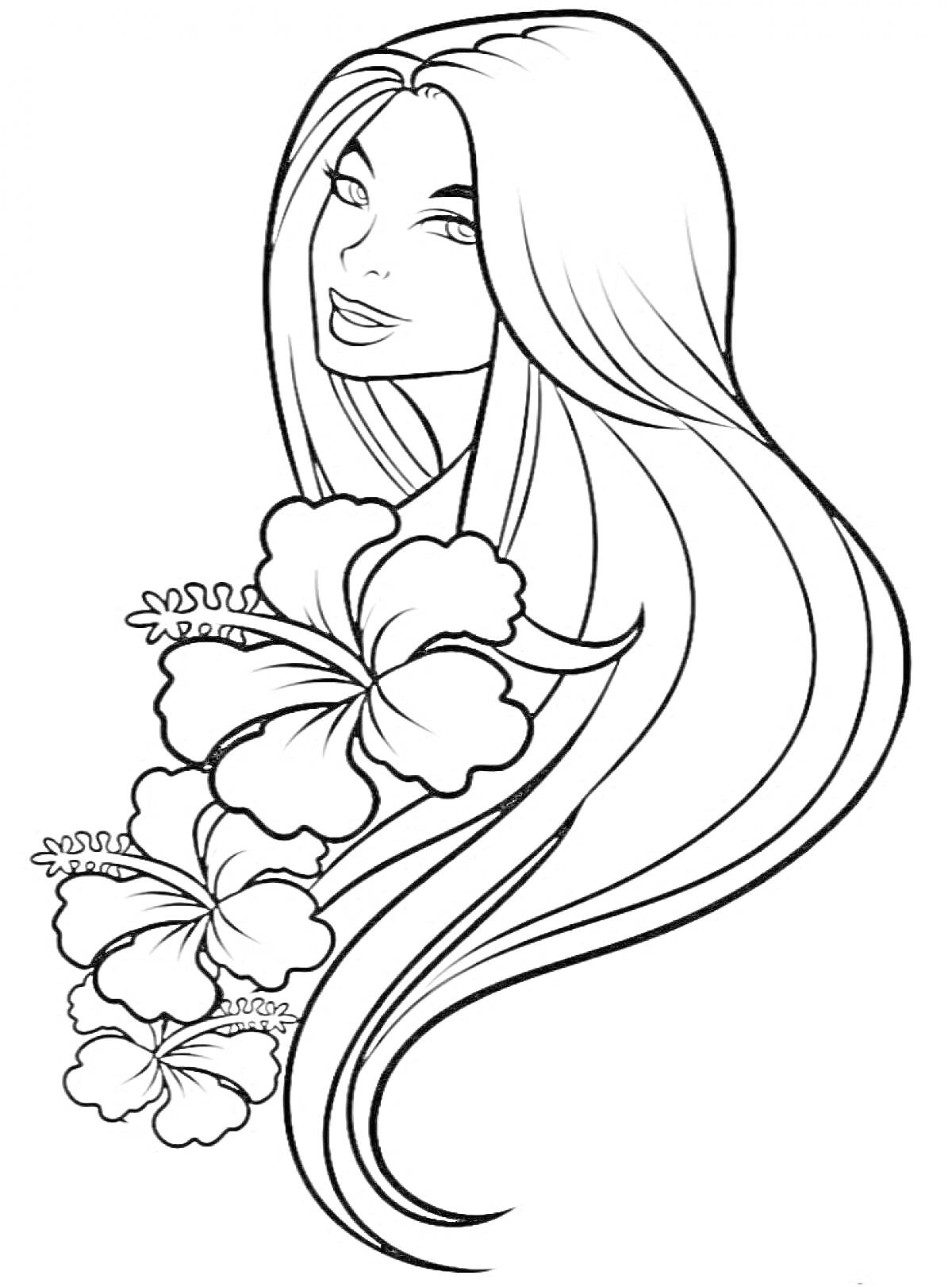 Девушка с длинными волосами и цветами гибискуса