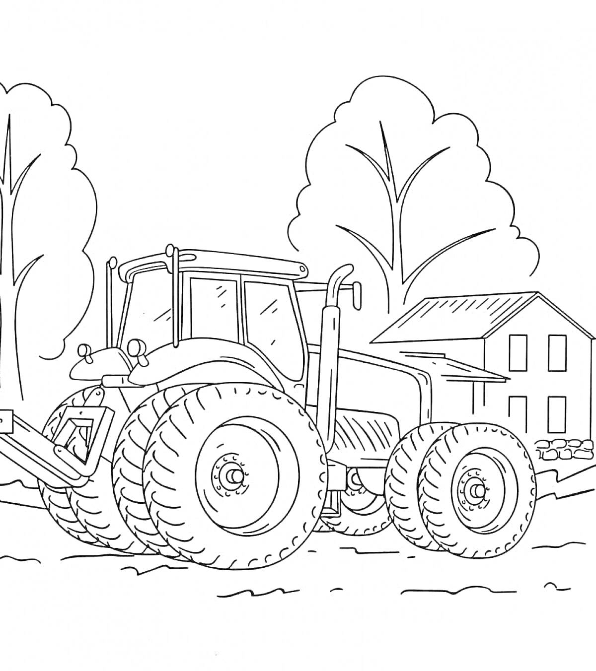 На раскраске изображено: Трактор, Деревья, Дом, Колёса, Сельская местность, Природа