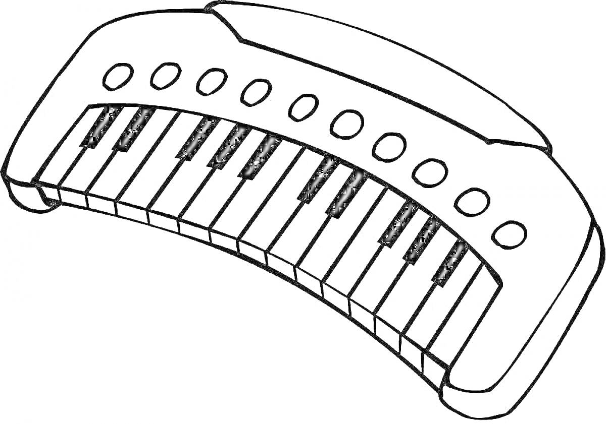 На раскраске изображено: Музыкальный инструмент, Клавиатура, Клавиши, Кнопки, Детское творчество