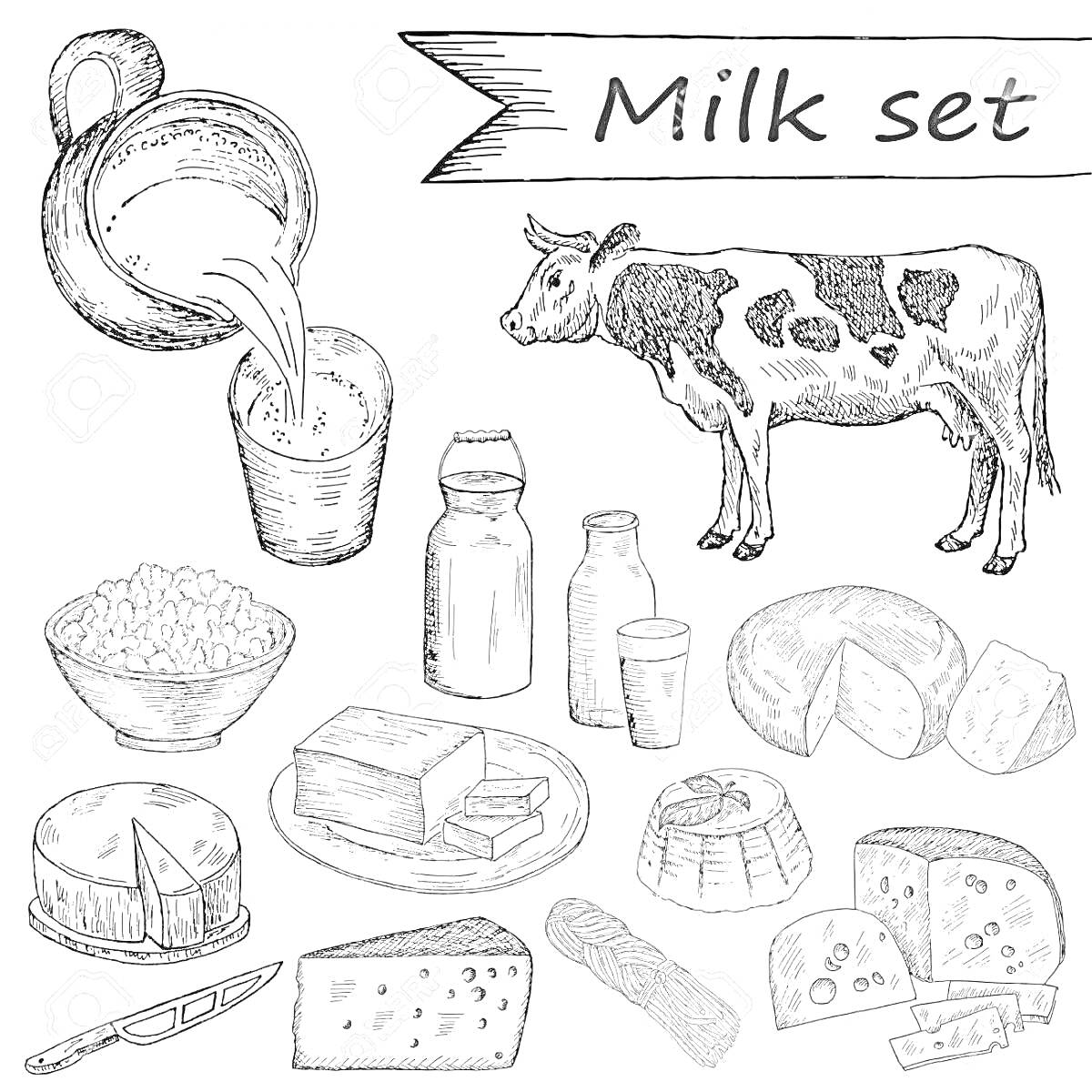 Раскраска Набор молочных продуктов для детей: корова, кувшин с молоком, стакан с молоком, миска с творогом, бутылка молока, йогурт, сырное колесо, кусочки сыра, плавленый сыр, нож.