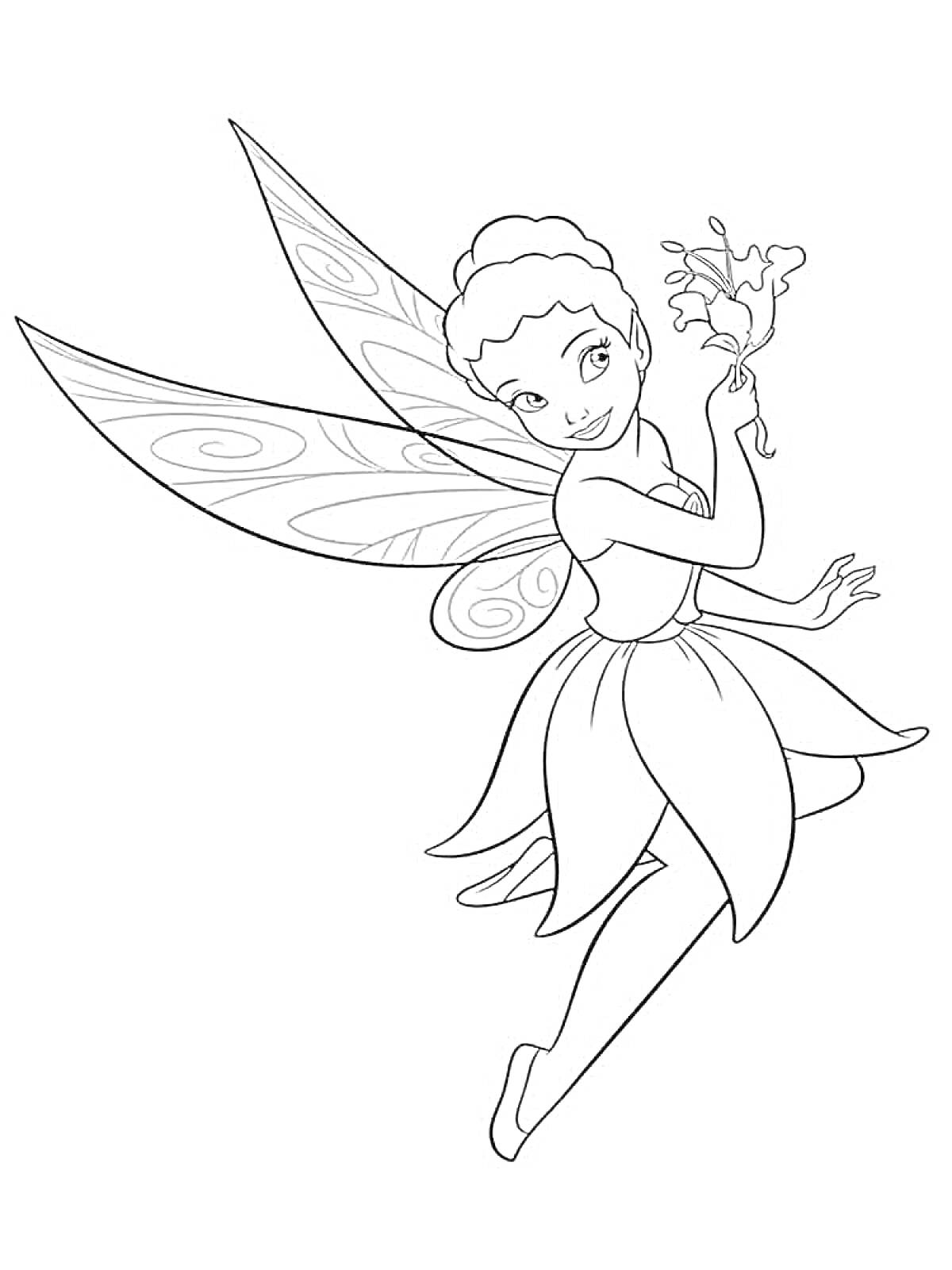 Раскраска Фея с цветком в руках, на спине крылья