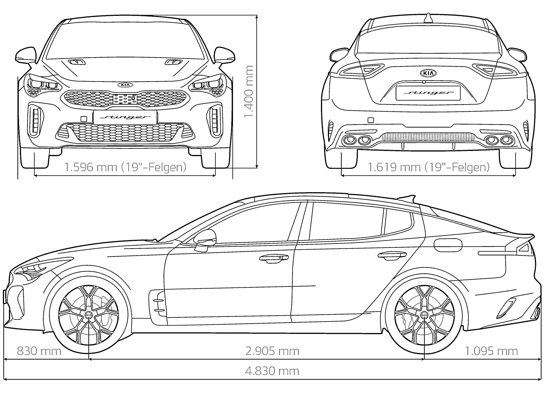 Раскраска Схематическое изображение Kia K5 с указанием размеров и элементов кузова