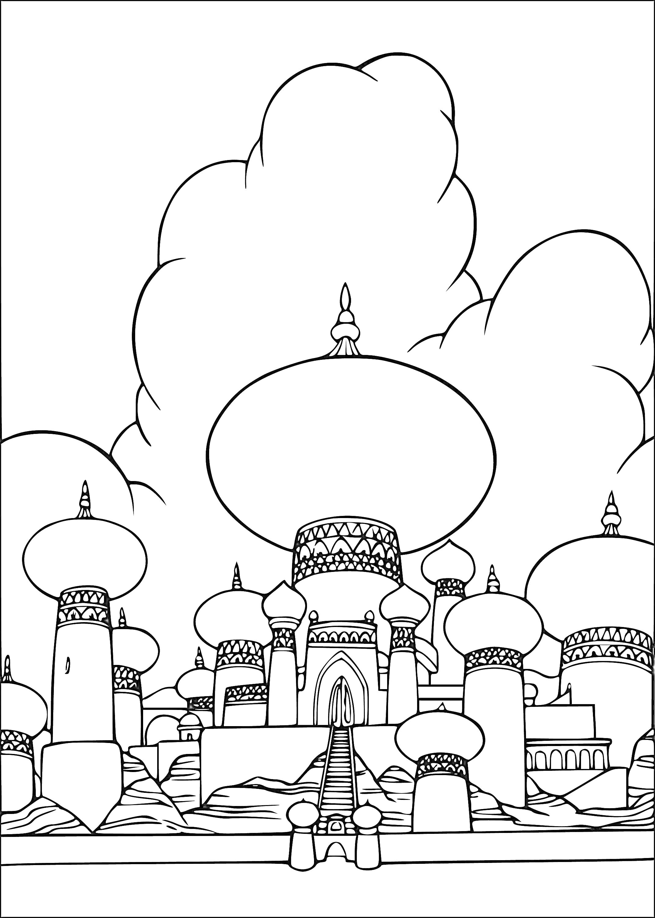 Раскраска Величественный дворец в арабскую ночь с множеством куполов и башен