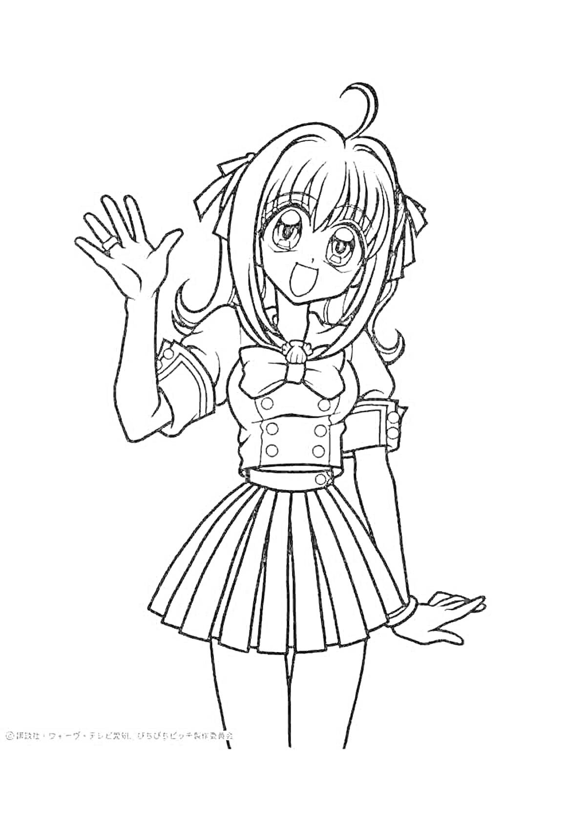 Раскраска Девочка в школьной форме с поклоном и поднятой рукой