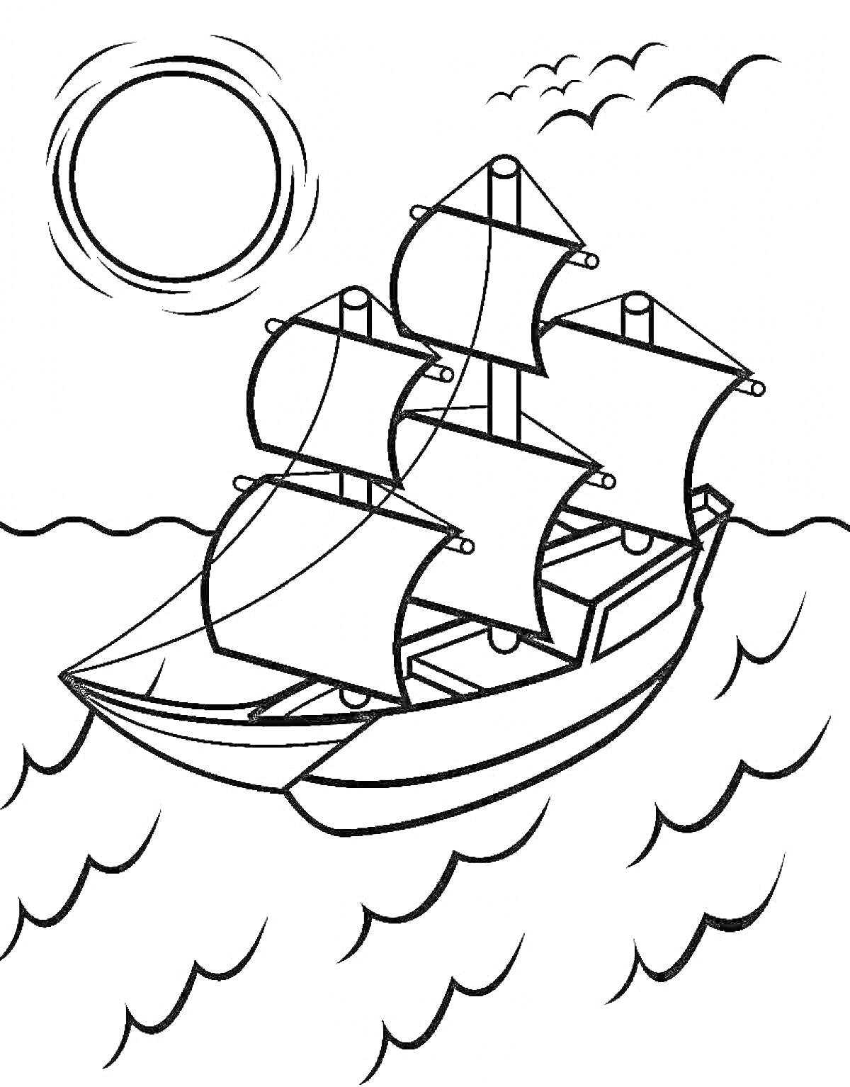 На раскраске изображено: Корабль, Паруса, Море, Солнце, Птица