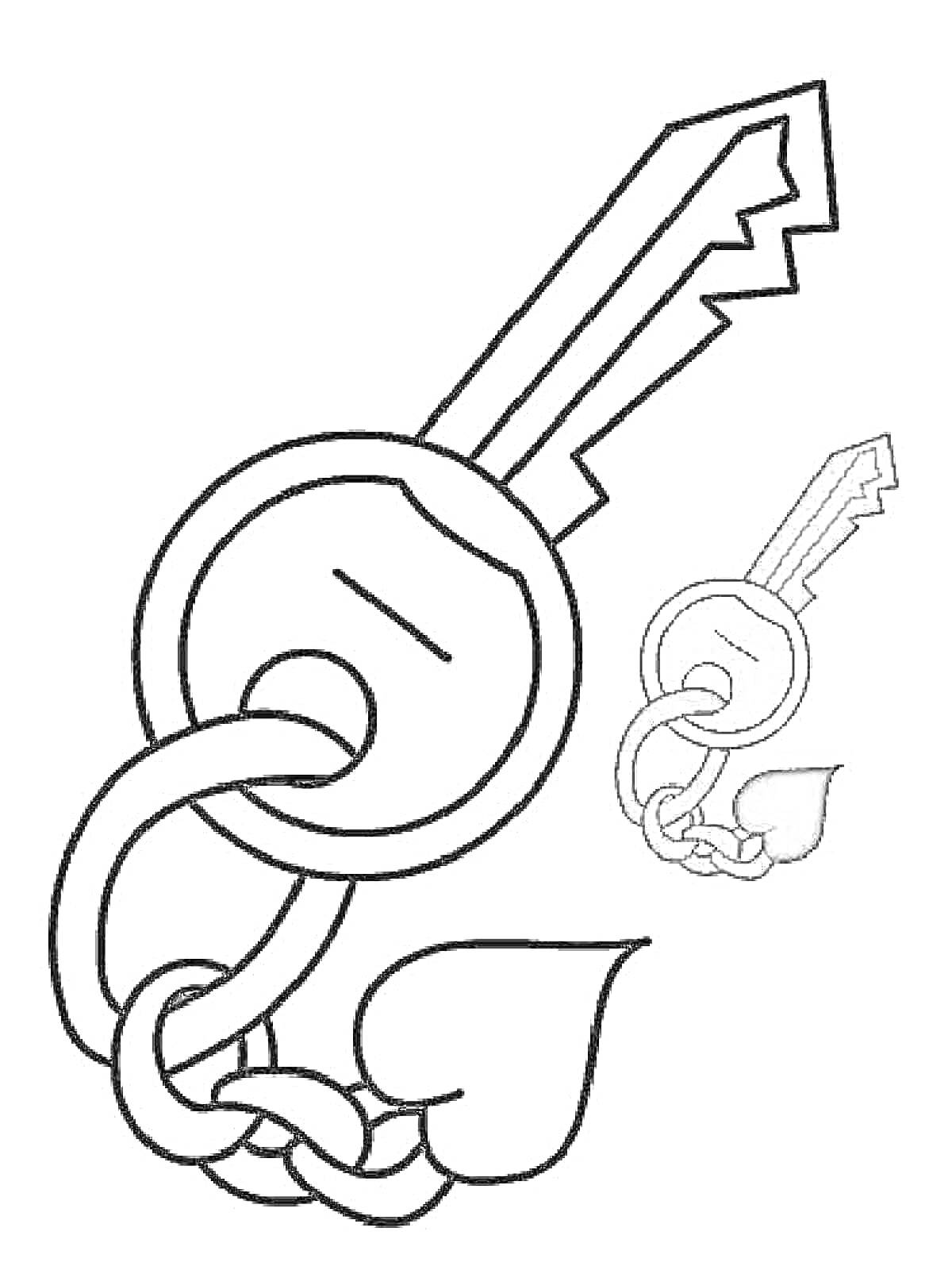 На раскраске изображено: Ключ, Кольцо, Замок, Контурные рисунки, Сердца