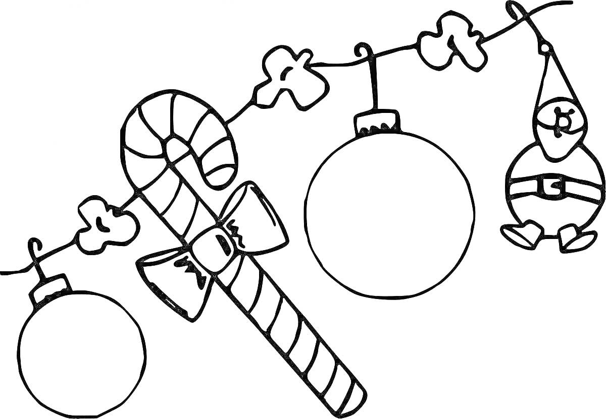 На раскраске изображено: Гирлянда, Новогодние игрушки, Гном, Новый год, Рождество, Праздничное украшение