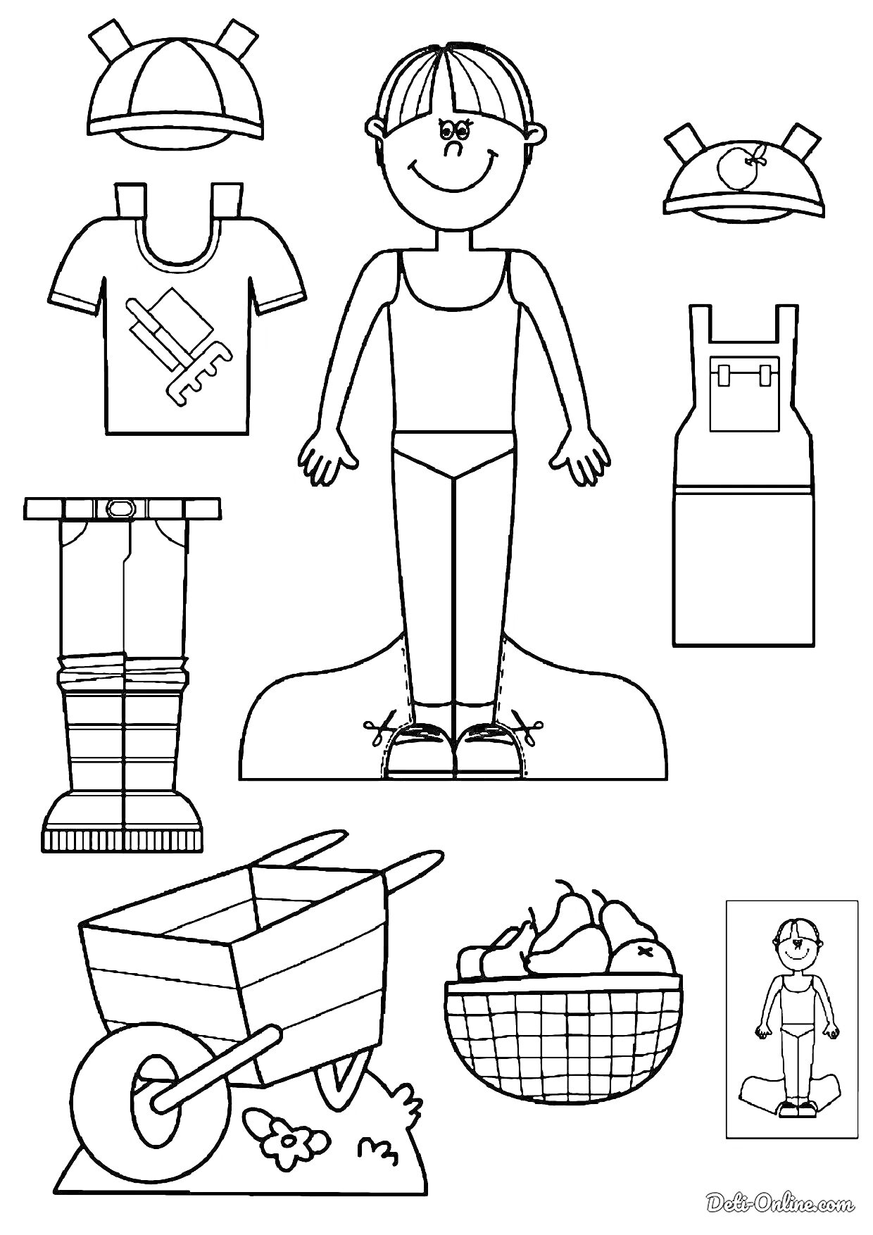 Раскраска Бумажная кукла мальчик с фермой, включает кепку, футболку, штаны, фартук, тачку и корзину фруктов