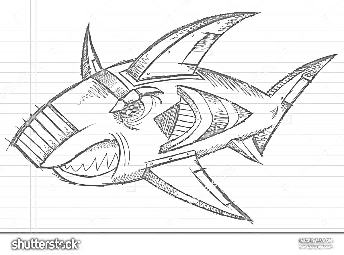 Раскраска Акула робот с механическими элементами и металлическими панелями, нарисованная на листе бумаги в линейку