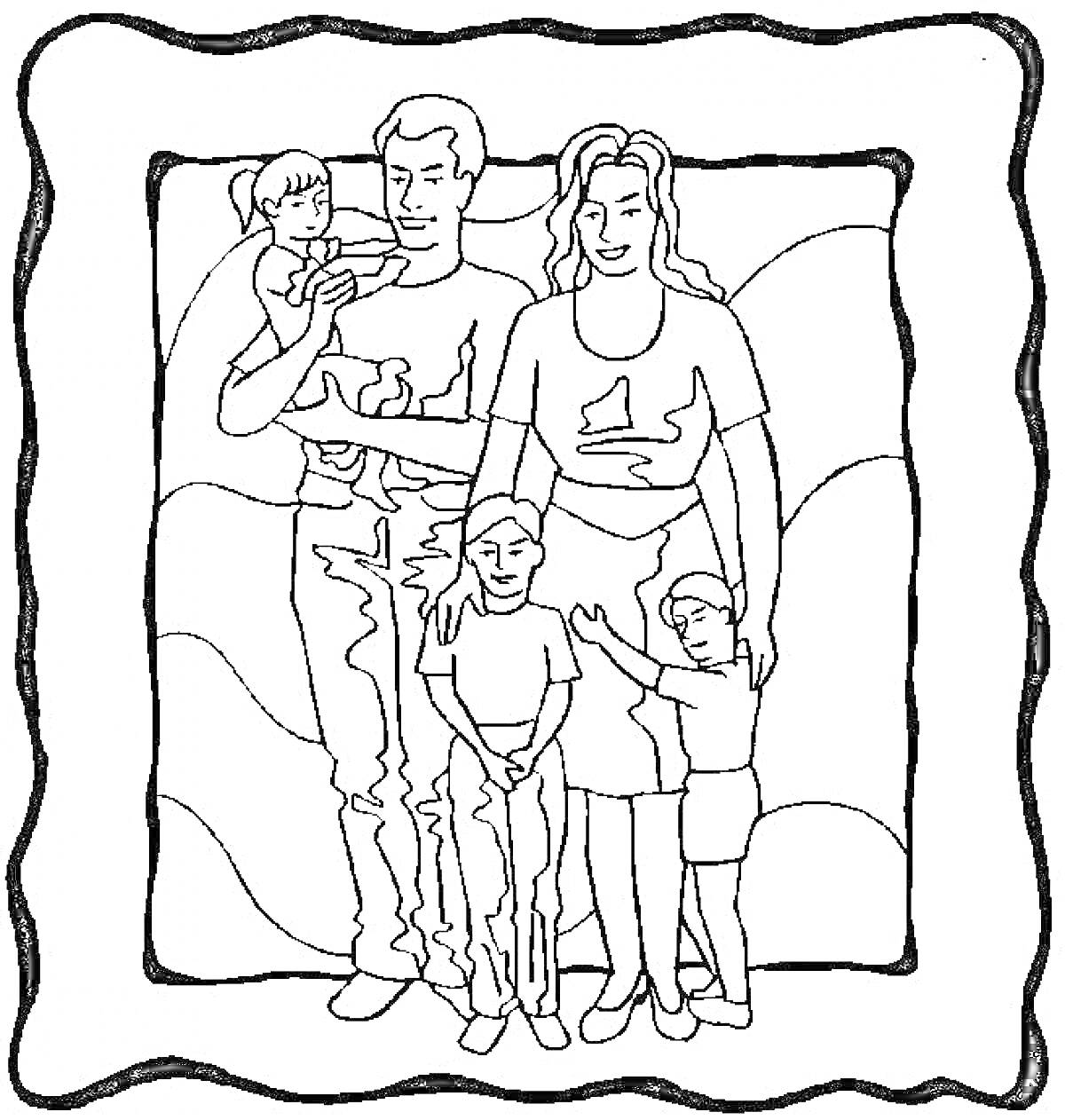 Раскраска Семейный портрет с пятью членами семьи, включая двух взрослых и троих детей в рамке