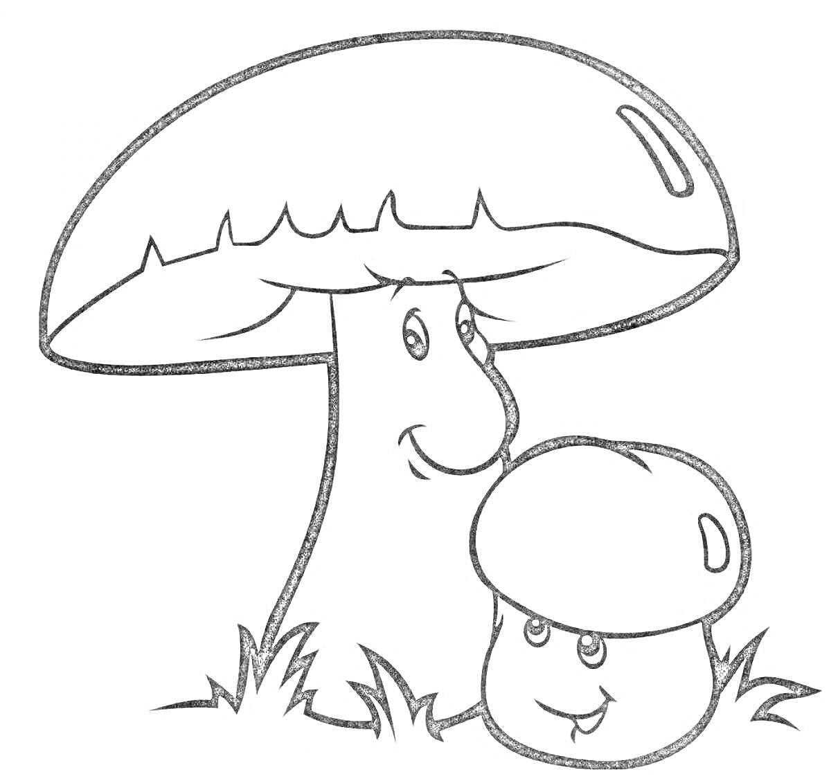 Раскраска Два гриба с глазами и улыбками в траве
