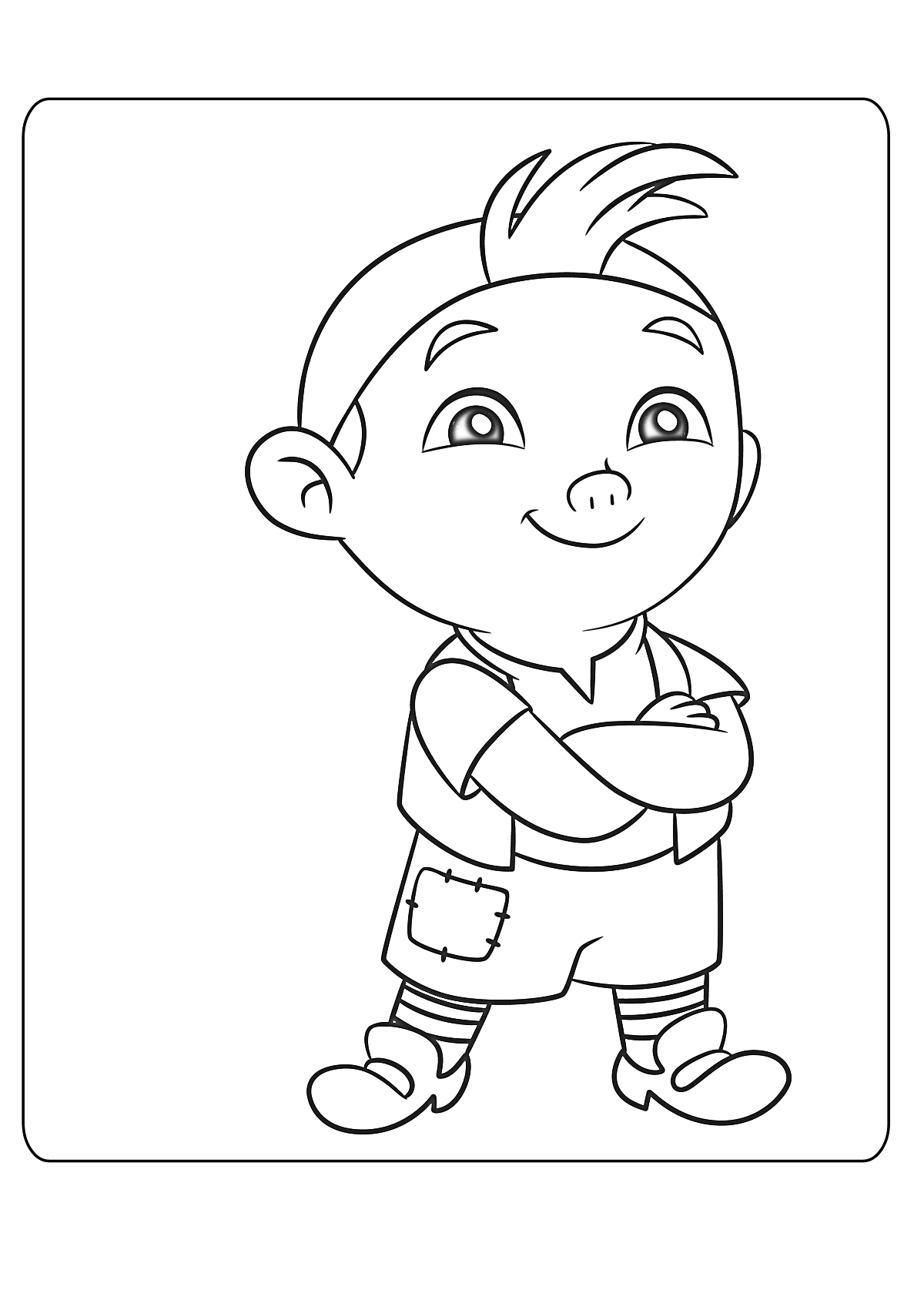 Раскраска Мальчик с косым волосом в шортах и ботинках, скрестивший руки на груди