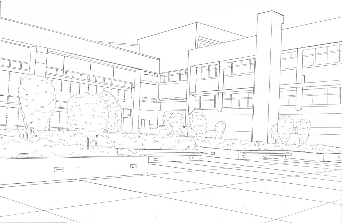Раскраска Школьный двор будущего с современным зданием и ландшафтным дизайном