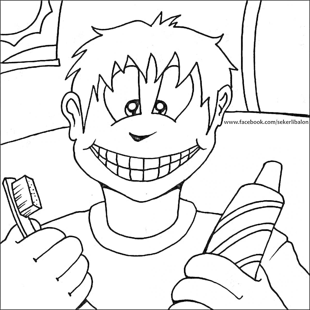 Раскраска Мальчик с зубной щеткой и зубной пастой в ванной с окном