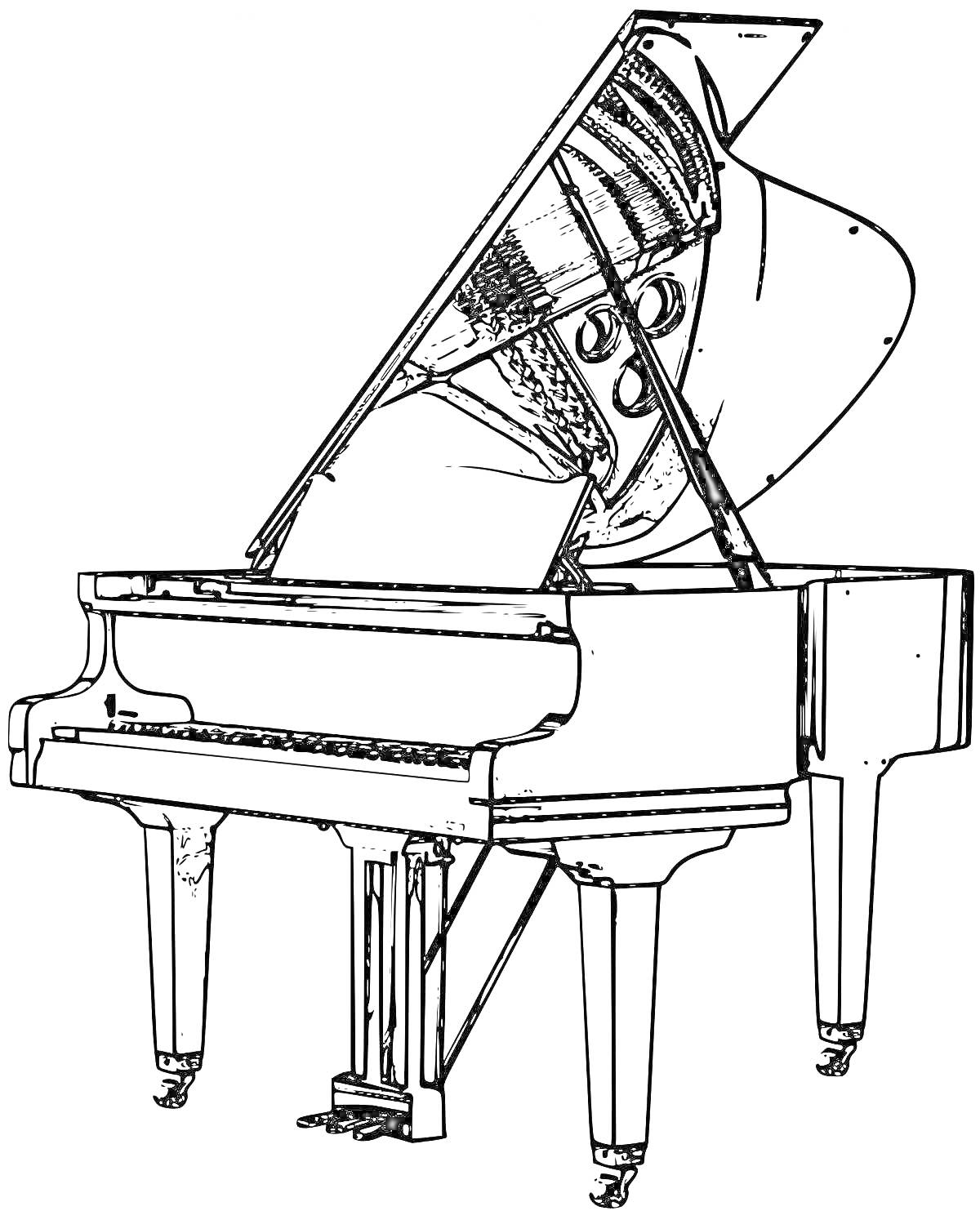 На раскраске изображено: Рояль, Пианино, Клавиши, Музыка, Музыкальные инструменты
