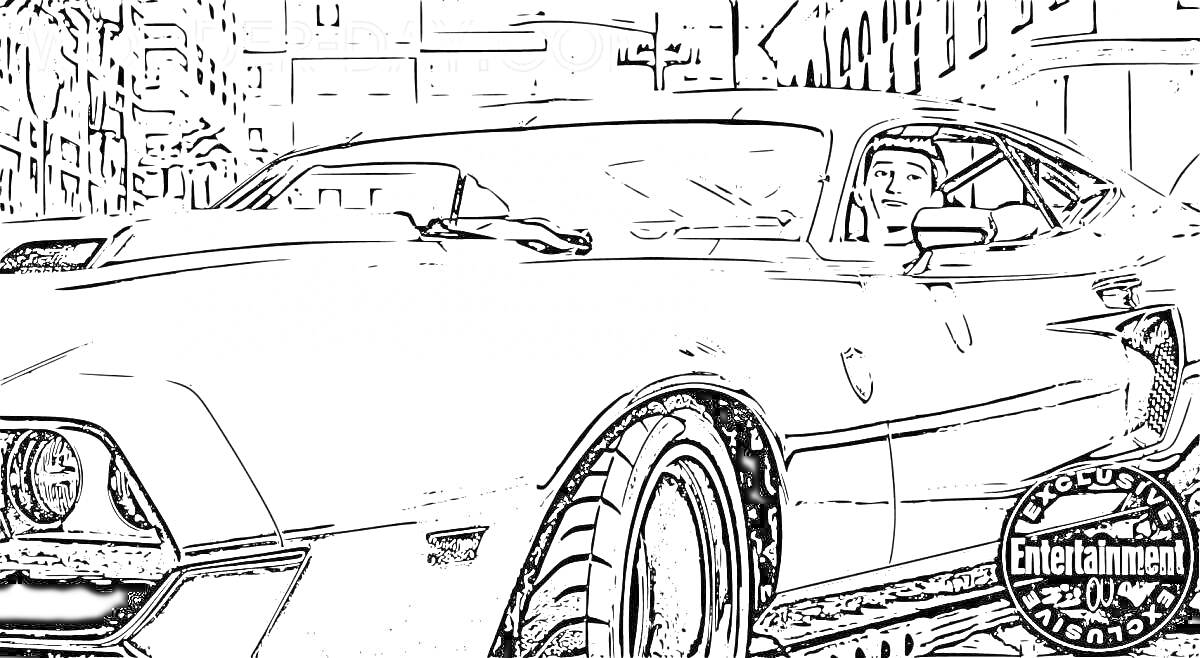 На раскраске изображено: Гоночный автомобиль, Водитель, Городская улица, Городской фон, Скорость, Авто