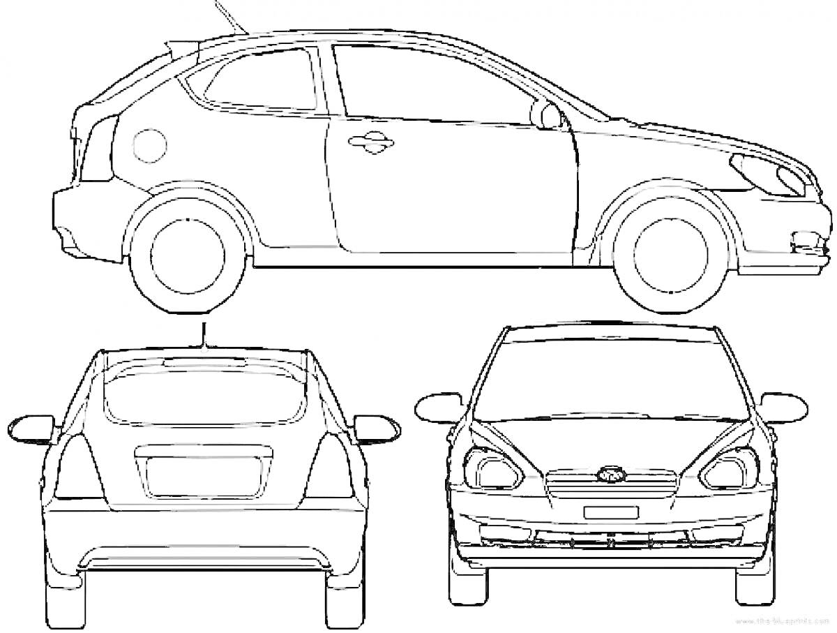 Раскраска Вид сбоку, вид сзади и вид спереди автомобиля Hyundai Elantra