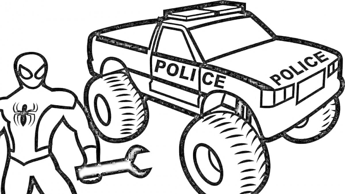 На раскраске изображено: Полицейский джип, Гаечный ключ, Полицейская машина, Транспорт, Ремонт