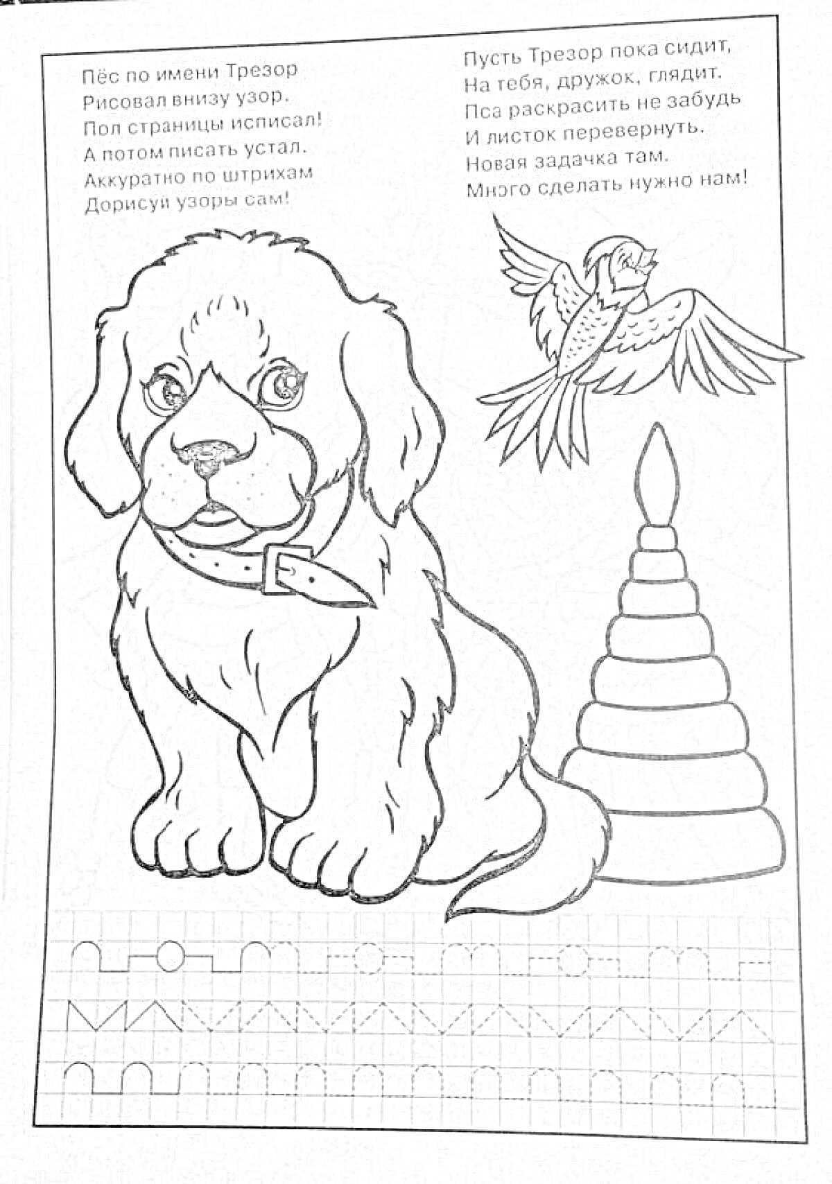 На раскраске изображено: Собака, Птица, Игрушки, Пирамида