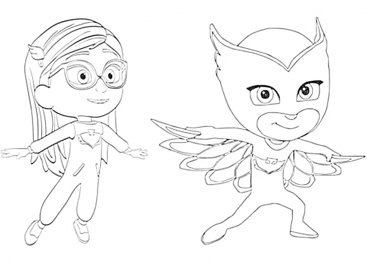 Раскраска Герои в масках – Девочка в костюме и мальчик с крыльями