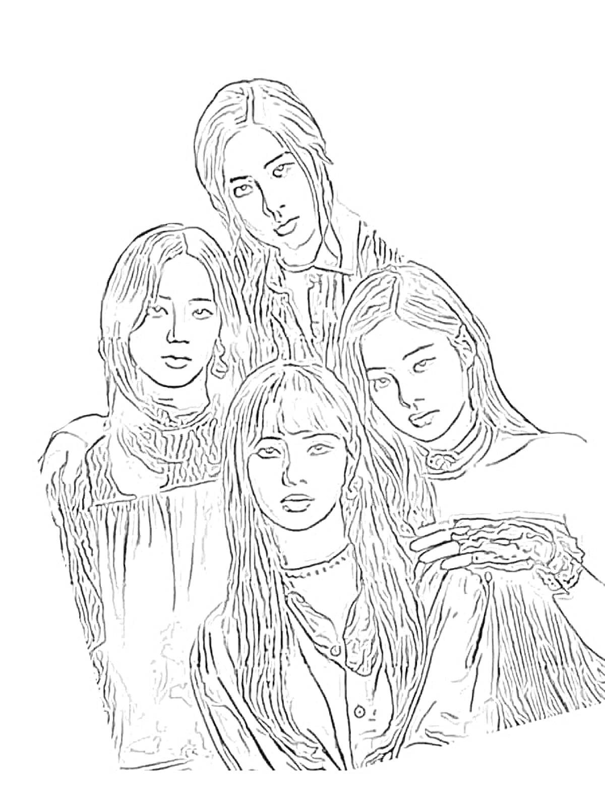 Раскраска Четыре девушки с длинными волосами в одежде с воротниками и рюшами