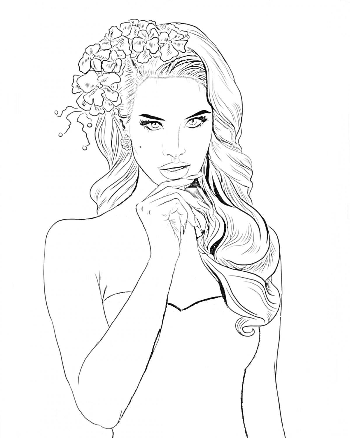 Раскраска Портрет девушки с цветами в волосах, длинные волнистые волосы, топ-без-рукавов, подбородок на руке
