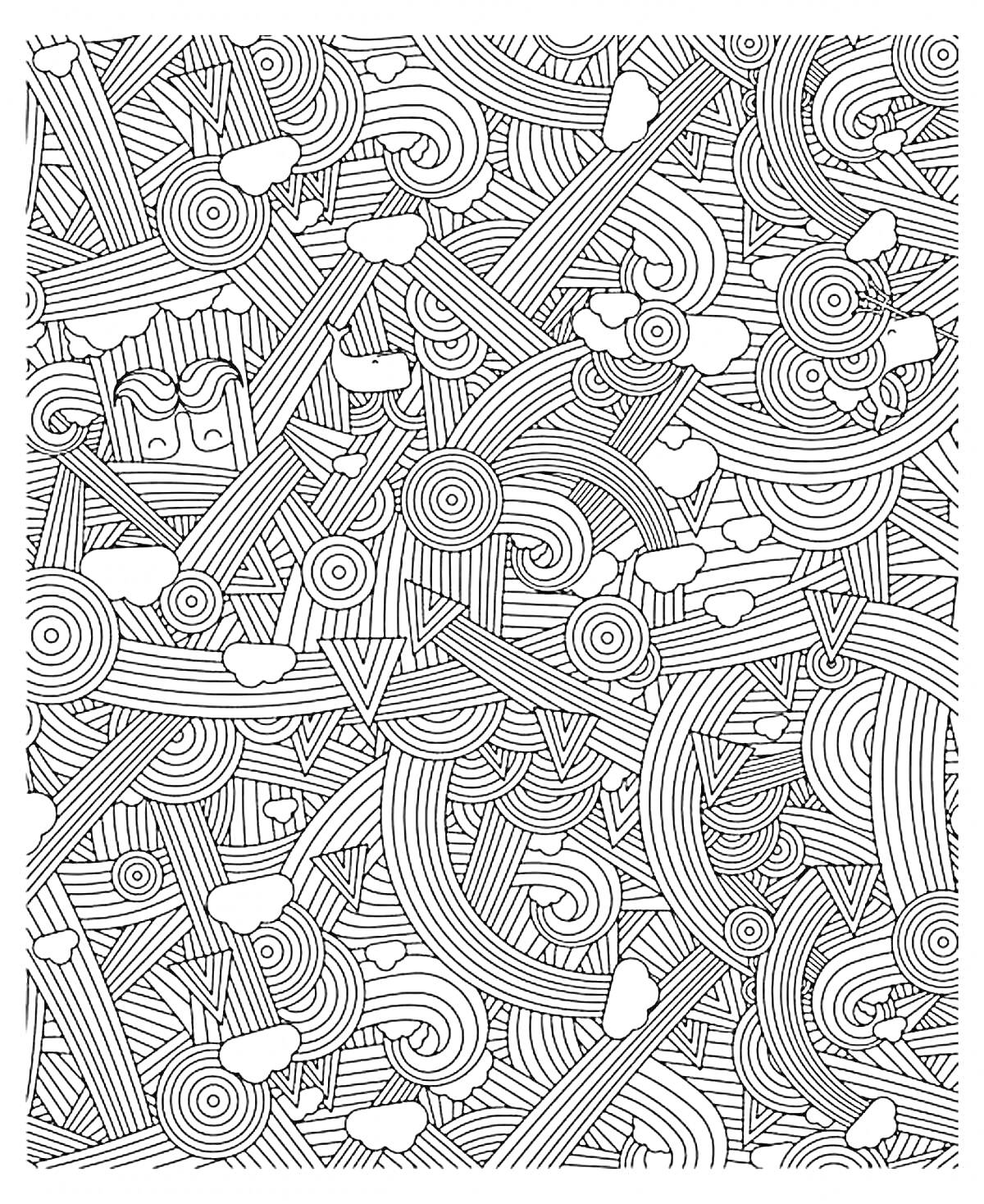 Раскраска Абстракция с триангуляцией, кругами, спиралями и облаками