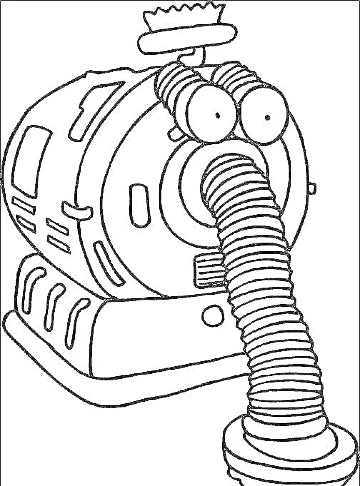 Раскраска Робот-пылесос с глазами, круглым корпусом и гибким шлангом