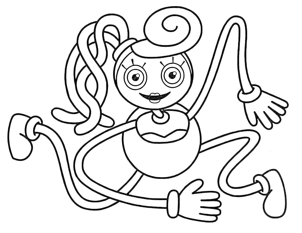Раскраска Мамочка-длинные-ноги из Поппи Плейтайм 2 с длинными руками, ногами и завитыми волосами