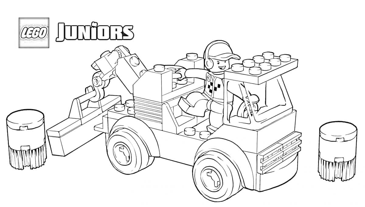 Раскраска Лего эвакуатор с водителем и тремя предметами
