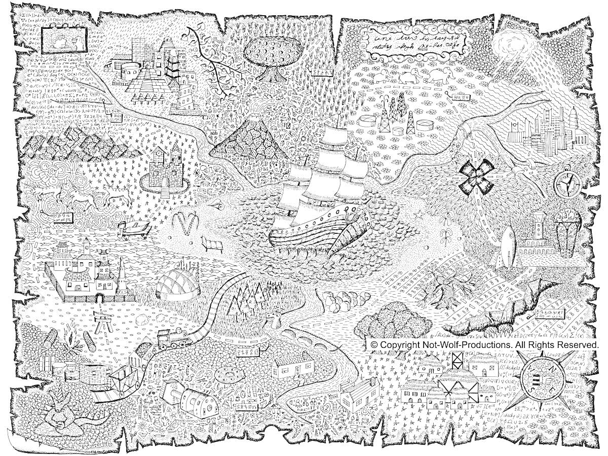 Раскраска Карта приключений с кораблем, вулканом, городом, лесом, горами и дорогами