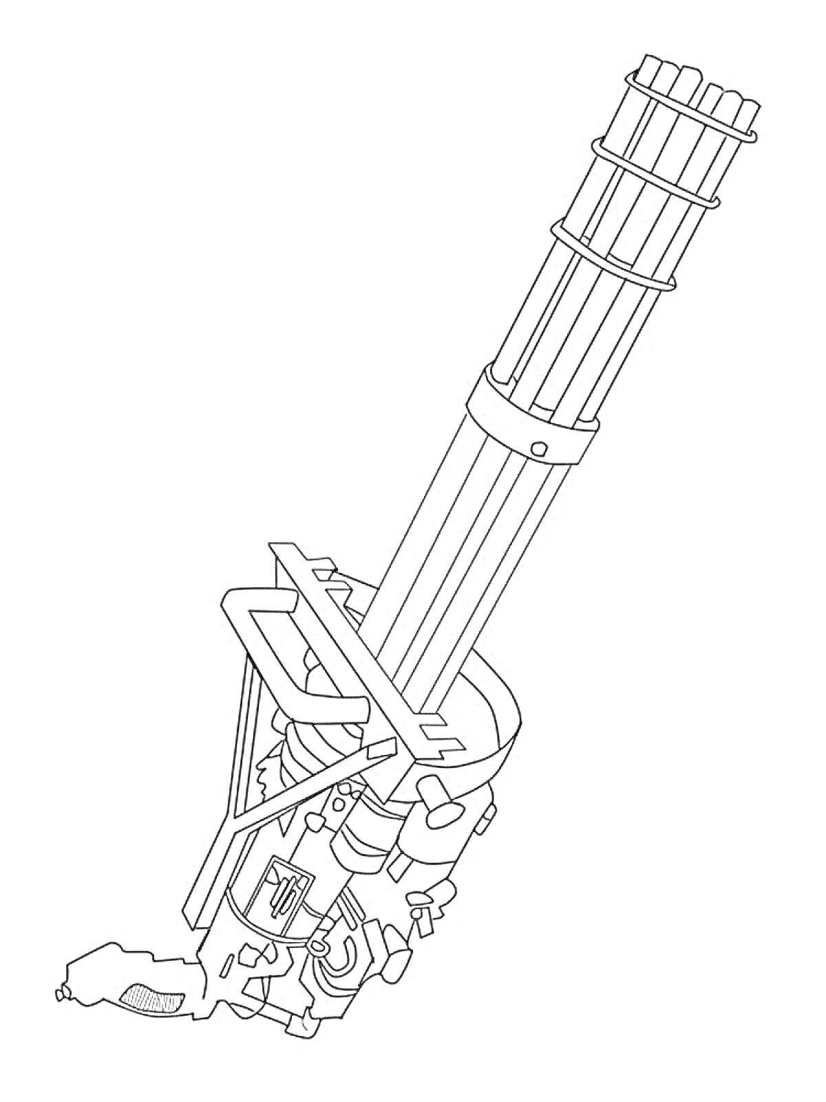 Раскраска Пулемет гатлинг с шестью стволами и механической системой подачи