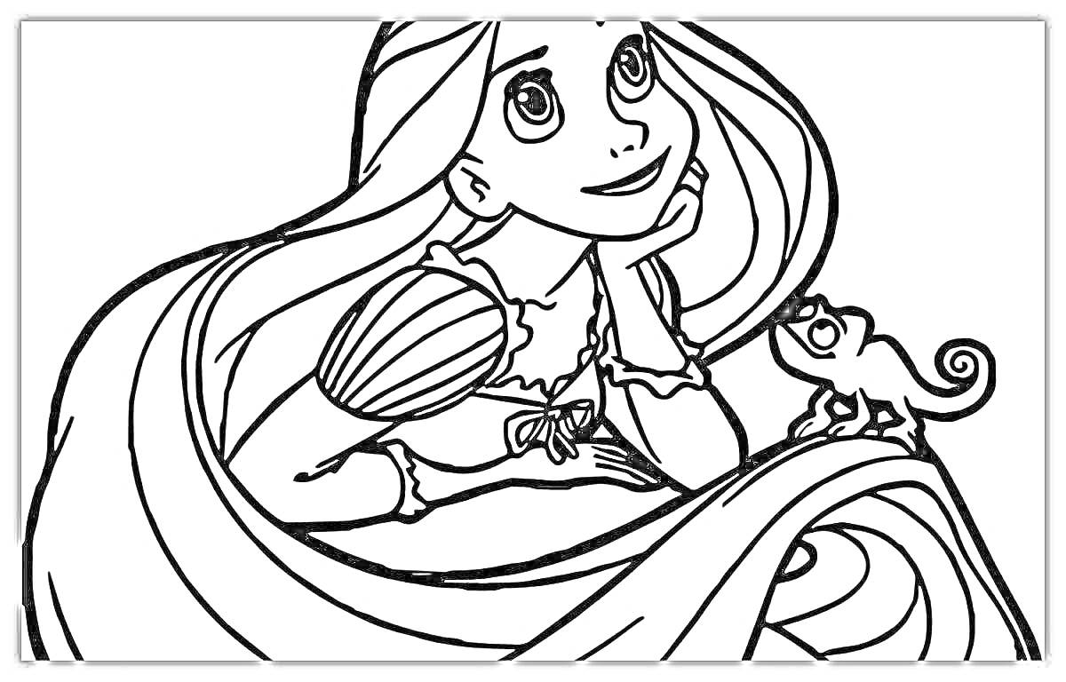 Раскраска Длинноволосая девушка в платье и маленькая ящерица