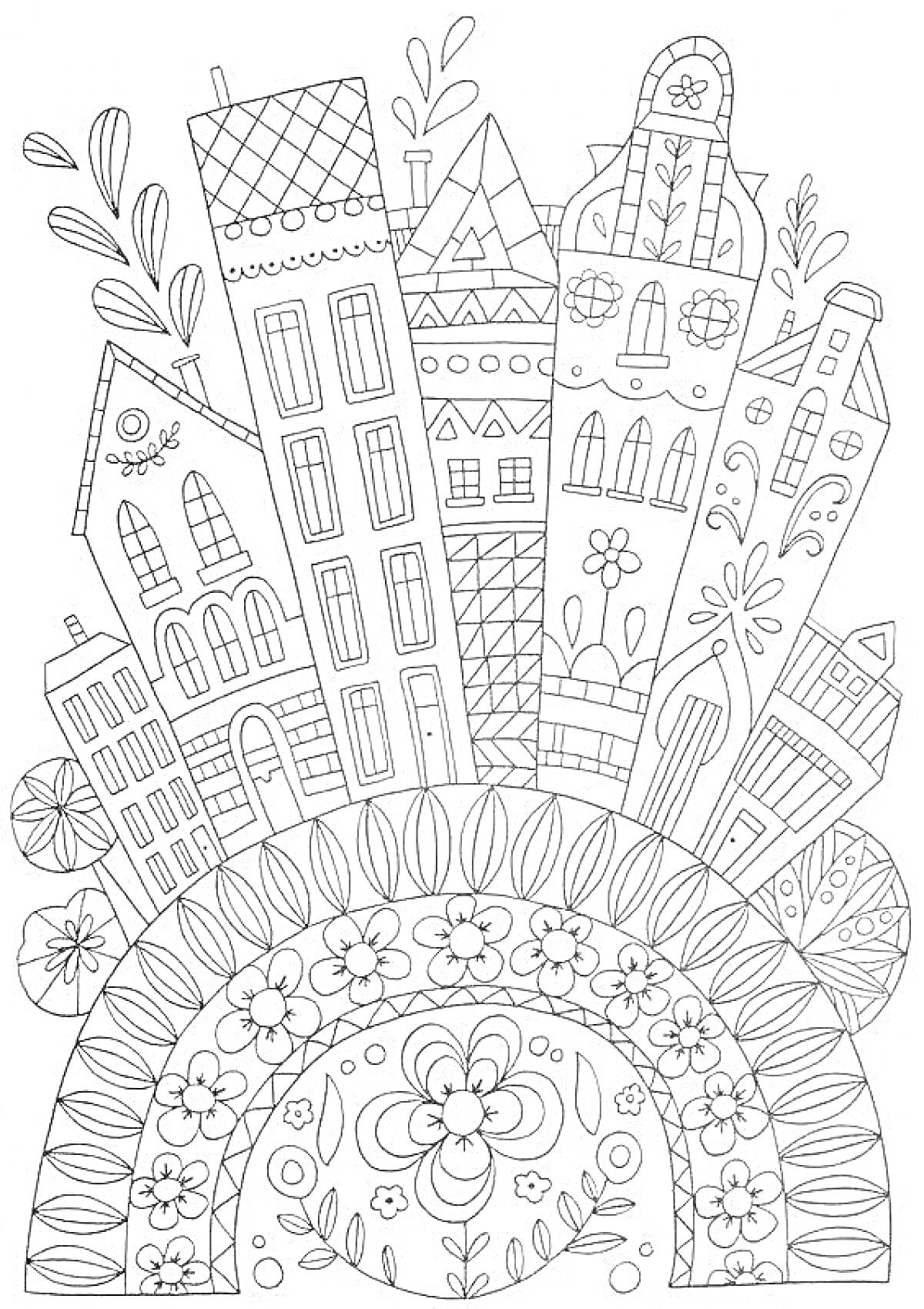 На раскраске изображено: Антистресс, Здания, Арка, Цветы, Узоры, Архитектура, Творчество
