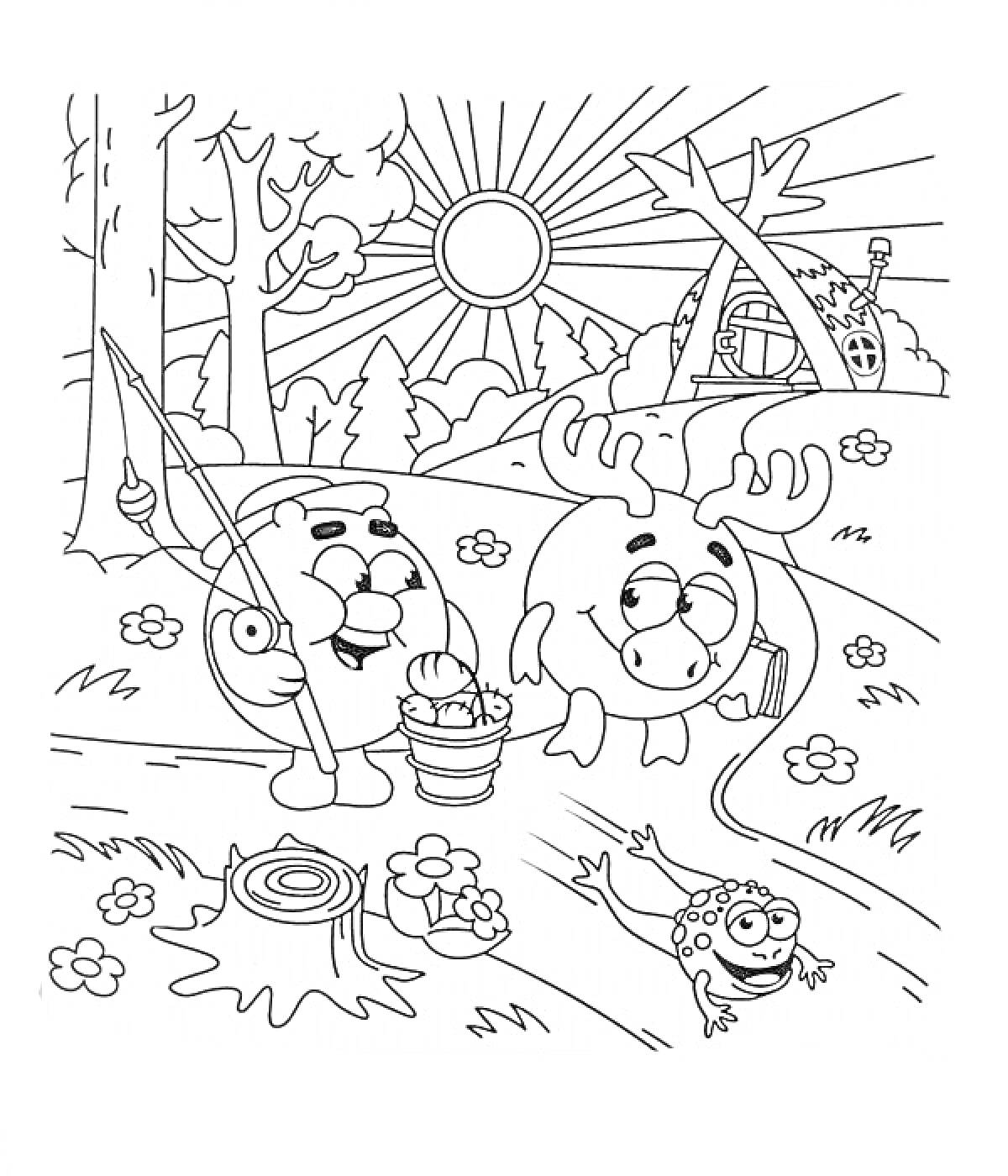 Раскраска Смешарики ловят рыбу на природе (два персонажа Смешариков, лес, солнце, домик, удочка, ведро, рыбка, лягушка, пеньки, цветы, деревья)