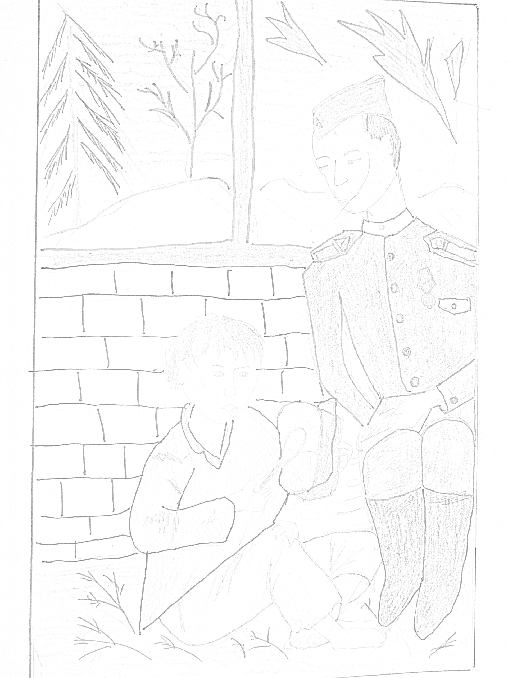 На раскраске изображено: Солдат, Мальчик, Кирпичная стена, Зима, Огонь, Медаль, Снег